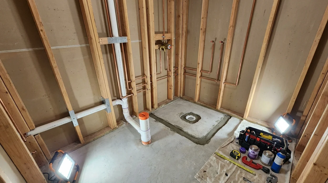 Bathroom rough-in plumbing during remodel by Johns Plumbing LLC in Chester Springs