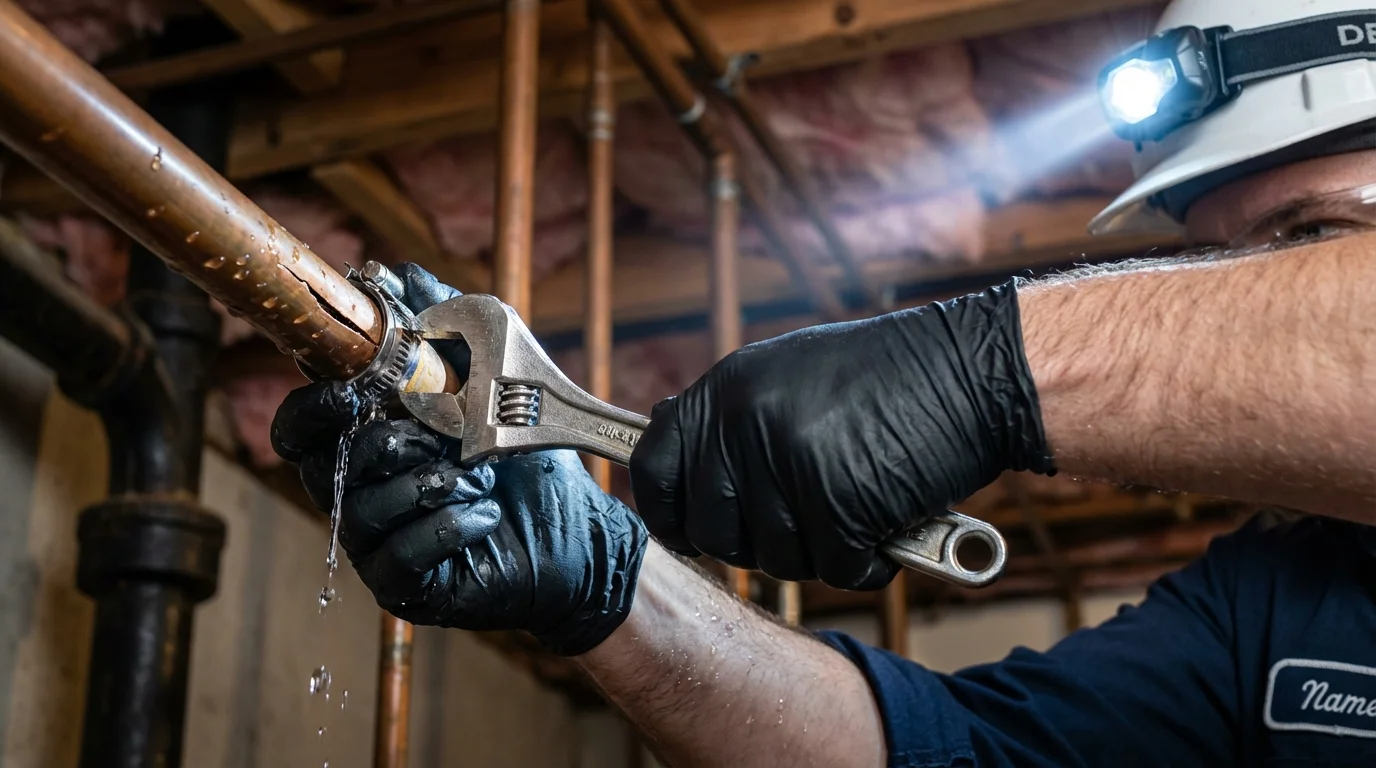 Emergency pipe clamp repair being performed by a Johns Plumbing LLC plumber in Chester Springs