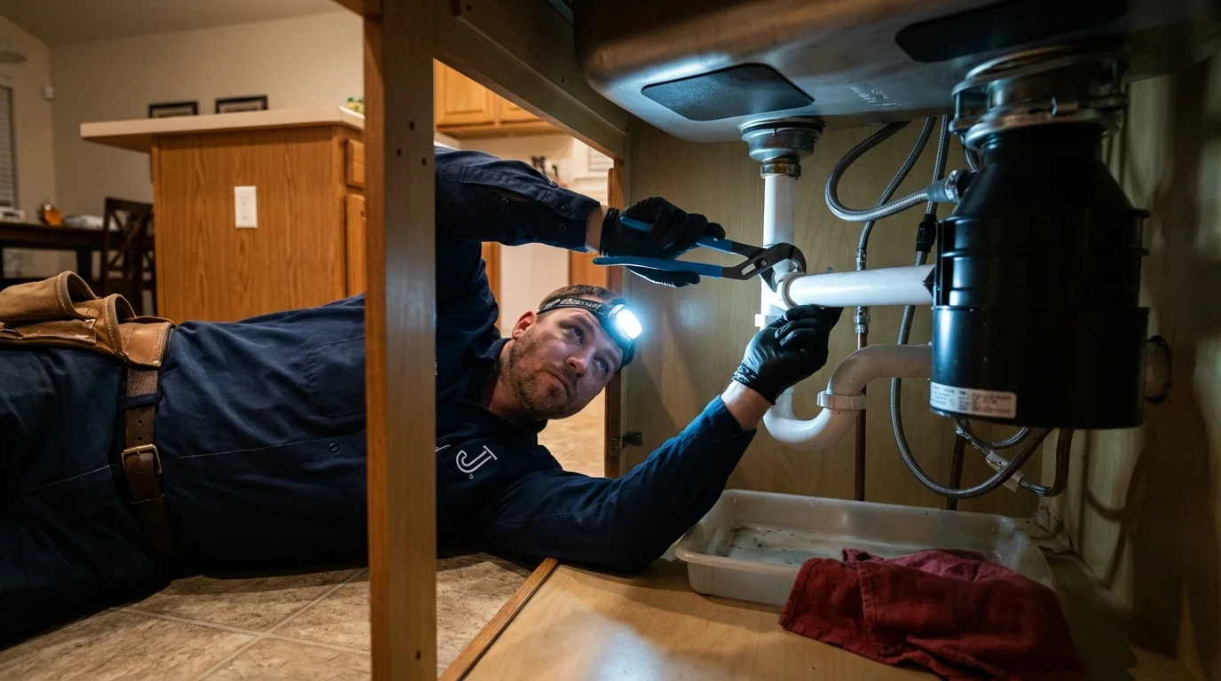 P-trap and supply line connections under a kitchen sink showing a common leak point in Chester Springs, PA